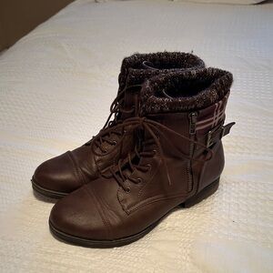 JustFab Dark Brown Combat Boots with Knit Cuff